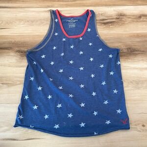 American Eagle Mens XS Blue Star Print Tank Top Patriotic Ringer Athletic Fit